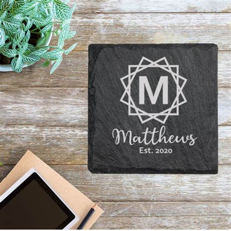 Geometric Personalized Laser Engraved Slate Coasters Set Of 4 Slate