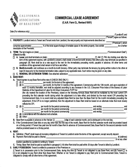 Printable Commercial Lease Agreement Template Free Identify The