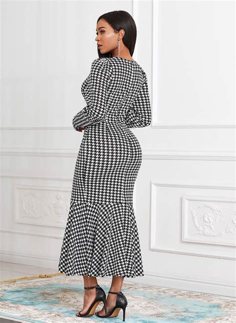 Rotita Long Sleeve Houndstooth Print Round Neck Mermaid Dress Rotita