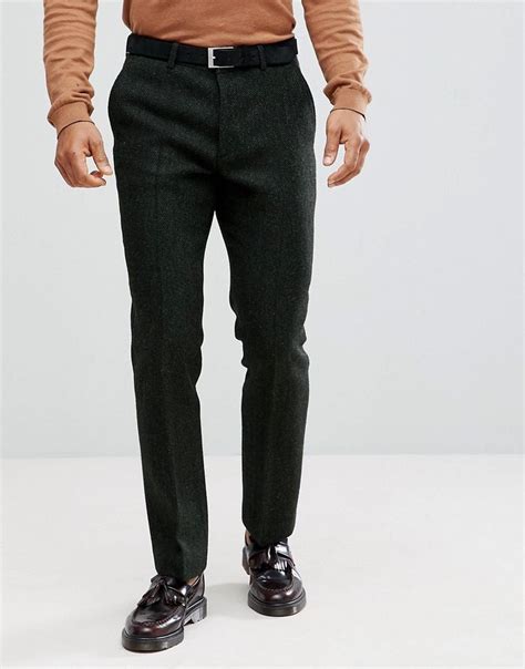 Asos Slim Suit Pants In Wool Harris Tweed In Green Herringbone