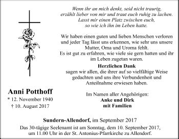 Traueranzeigen Von Anni Potthoff Trauer In Nrw De