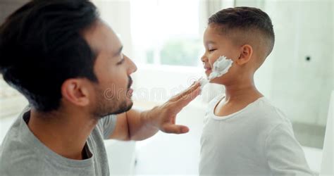 Morning Foam And Father With Son In Bathroom For Grooming Beauty And