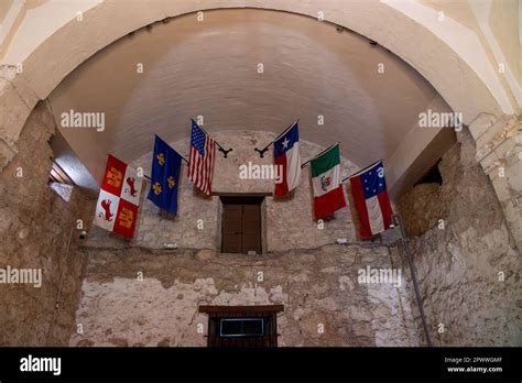 Alamo Church Interior With Flags At Alamo Encampment San Antonio