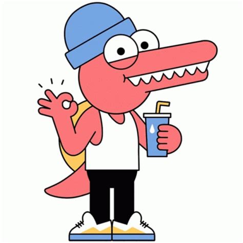 Pink Dinosaur Says Okay With Hand Sticker Skater Dinos Big Eyes Blue