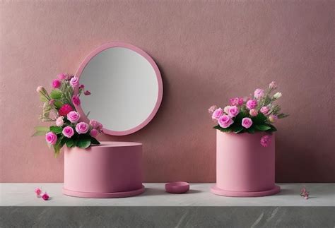 Premium Photo Two Pink Vases With Pink Flowers Sit On A Table Next To A Mirror