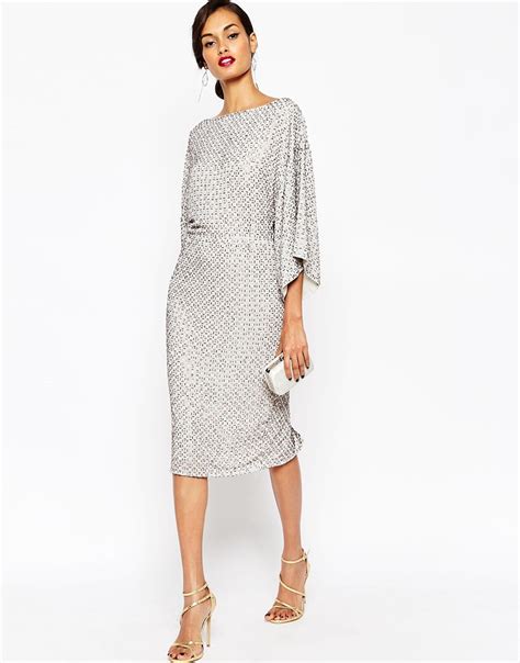 Asos Petite Red Carpet Sequin Grid Kimono Midi Dress In Gray Lyst