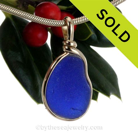 Cobalt Blue Sea Glass In Original Gold Wire Bezel© Necklace Pendantgfp55