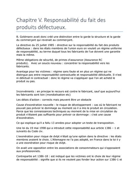 Chapitre 5 Responsabilité du fait des produits défectueux Chapitre