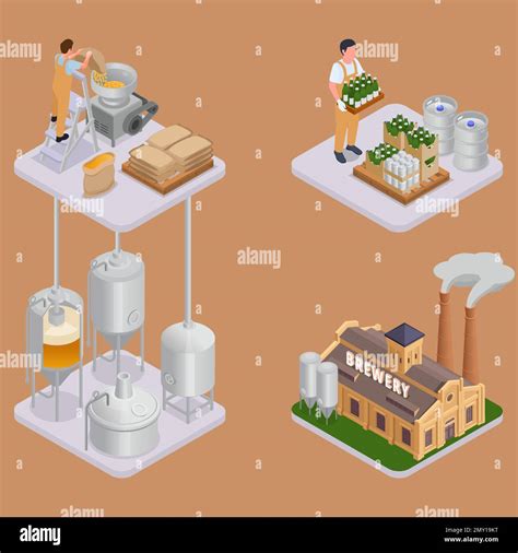 Beer Production Compositions Set With Brewery Equipment Building And