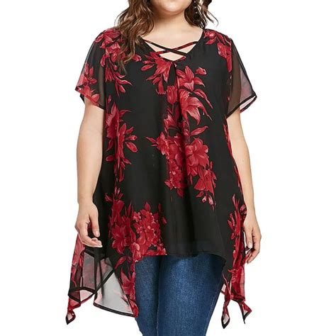 Women Plus Size Criss Cross Double Chiffon Print Short Sleeve Shirt Tops Blusas V Neck Sexy