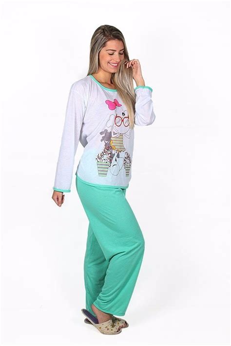 Pijama Longo Fechado Feminino Manga Comprida Malha Inverno R 34 90