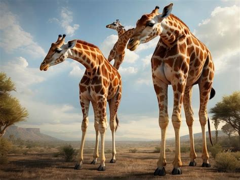 Premium Photo Three Giraffes Standing In A Field With Trees In The