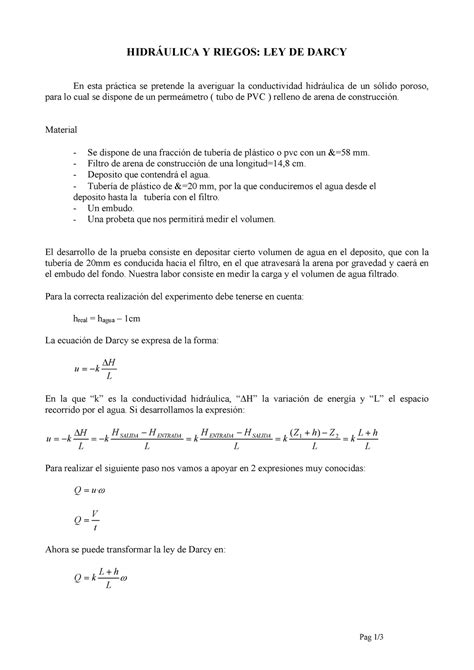 Practica 5 LEY DE Darcy HIDRÁULICA Y RIEGOS LEY DE DARCY En esta