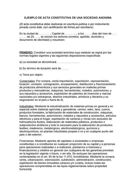 Acta Constitutiva De Una Sociedad Anonima Ejemplo De Acta