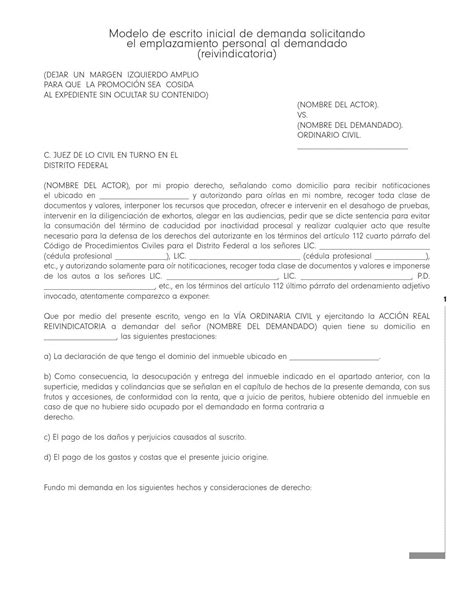 6 Modelo De Escrito Inicial De Demanda Solicitando El Emplazamiento Personal Al Demandado