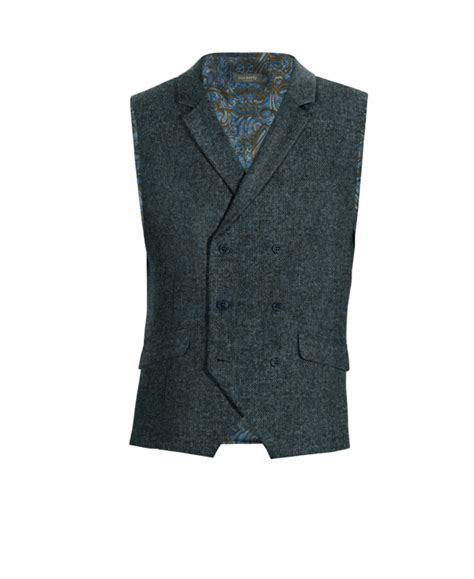 Gilet Doppio Petto Con Risvolto Blu In Donegal Tweed