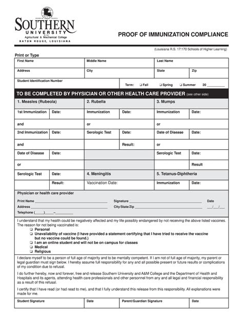 Southern University Immunization Form Fill Out Sign Online DocHub