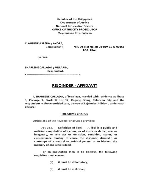 Rejoinder Affidavit Sharlene Callado Defamation Criminal Law