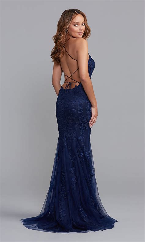 Long Blue Prom Dress With Statement Back Promgirl