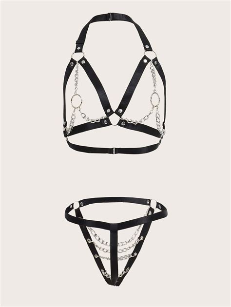 Romwe Grunge Punk Solid Chain Decor Harness Lingerie Set Shein Uk