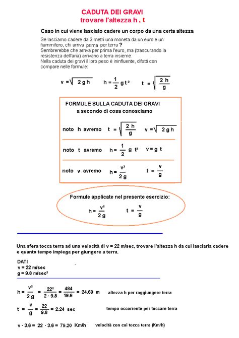 caduta dei corpi nota la velocità calcolo dell altezza h e tempo per