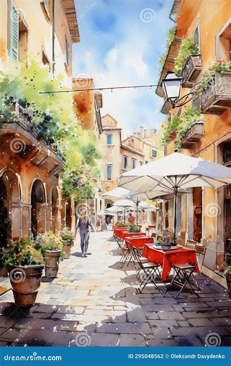 Street Cafe In Italy Watercolor Painting Of Summer Cityscape