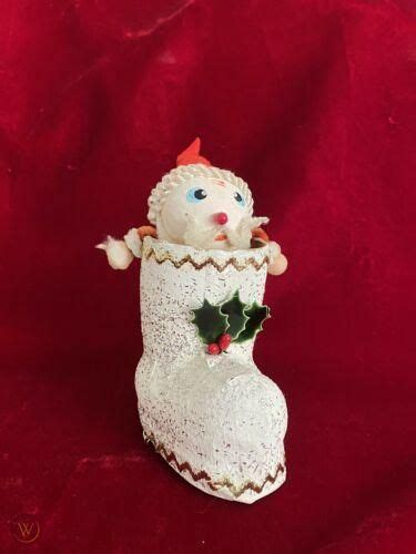 Vintage Paper Mache Santa Claus In Boot Glitter Spun Cotton Chenille Holly Japan 3770358989