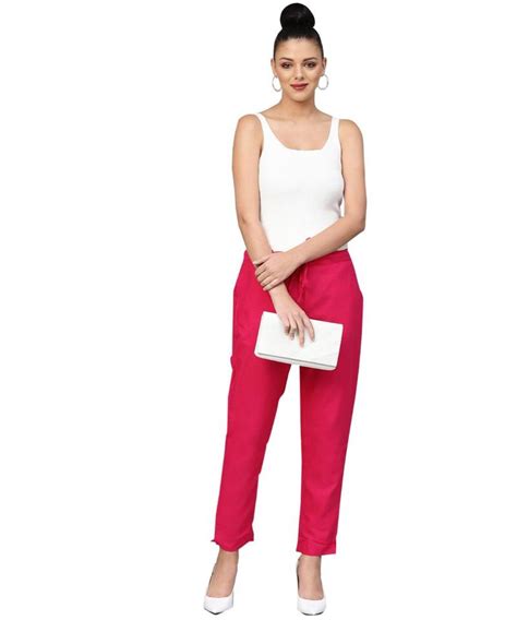 Womens Cotton Pink Solid Cropped Cigarette Trousers Ishin 3108909