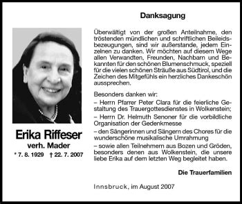 Traueranzeigen Von Erika Riffeser Trauer Bz