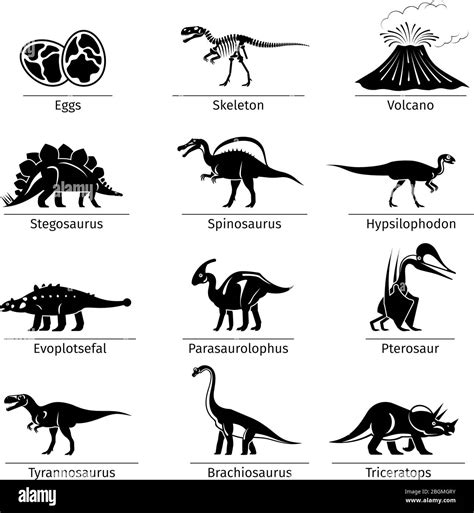 Dinosaur Icons Vector Dinosaur Egg And Volcano Dinosaur Skeleton And