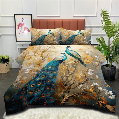 Menkala Peacocks Queen Comforter Set Blue Peacock Comforter