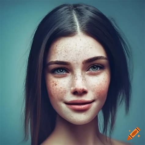 Freckled Smiling Young Woman With Dark Hair