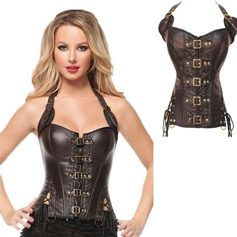 Nouveau cuir marron corsets steampunk vêtements Imitation cuir Corset