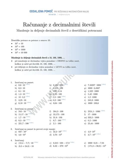 Množenje in deljenje decimalnih števil z desetiškimi potencami