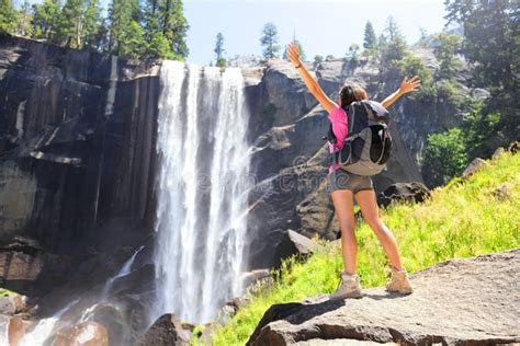 Hiking Woman Freedom In Yosemite Park By Waterfall Stock Image Image