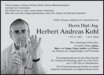 Traueranzeigen Von Herbert Andreas Kohl Trauer Merkur De