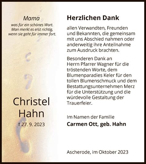 Traueranzeigen Von Christel Hahn Trauer Hna De