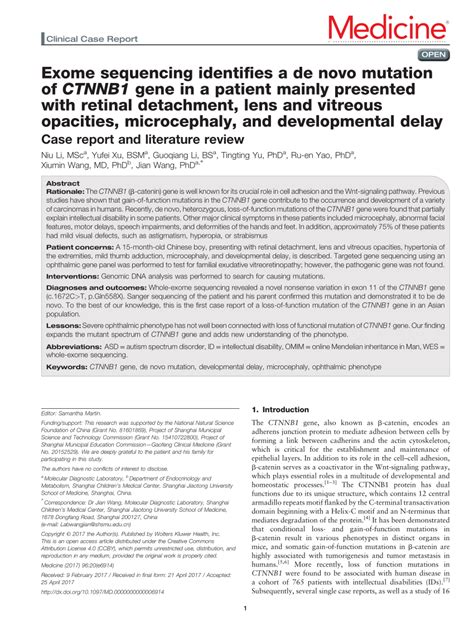 Pdf Exome Sequencing Identifies A De Novo Mutation Of Ctnnb Gene In