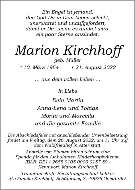 Traueranzeigen Von Marion Kirchhoff Noz Trauerportal