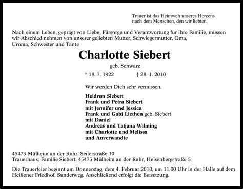 Traueranzeigen Von Charlotte Siebert Trauer In NRW De