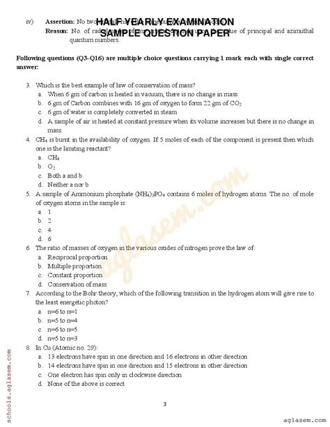 Class Chemistry Sample Paper Half Yearly Th Chemistry Half