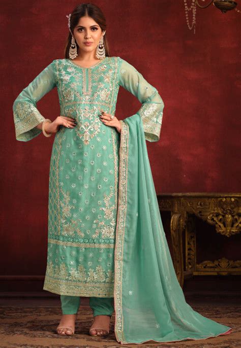 Buy Embroidered Organza Pakistani Suit In Sea Green Online Kch