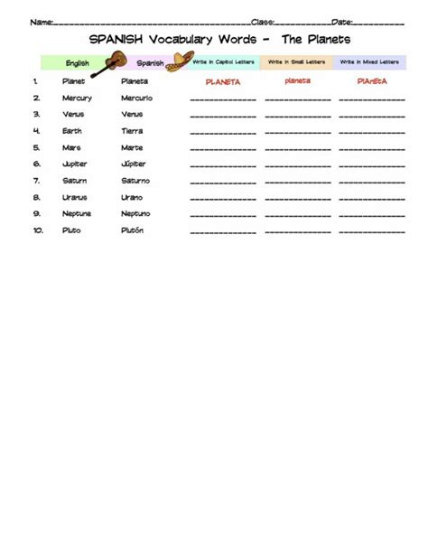 Spanish The Planets Vocabulary Word List Column Worksheet Made By