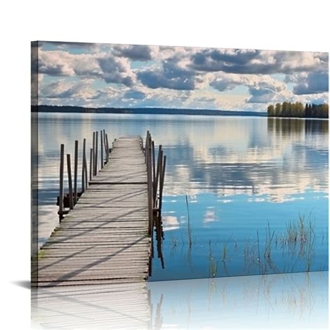 Comio Nature Canvas Wall Art Picture Blue Forest Painting Calm Lake