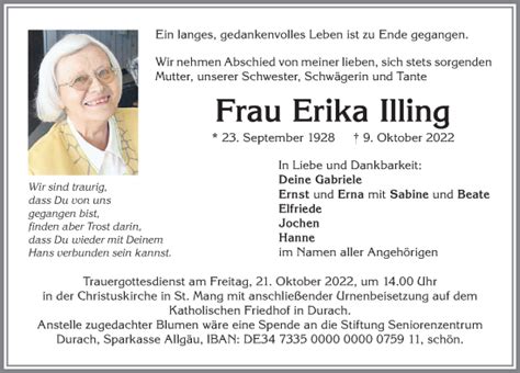 Traueranzeigen von Erika Illing Allgäuer Zeitung