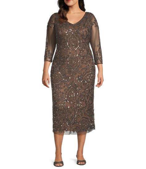 Pisarro Nights Plus Size V Neck 34 Sleeve Beaded Back Slit Sheath Midi