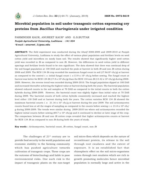 Pdf Microbial Population In Soil Under Transgenic Cotton Expressing