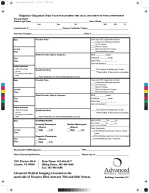 Fillable Online Diagnostic Outpatient Order Form PLEASE BRING THIS