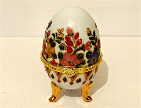 Vintage Fabergé Style Floral Porcelain Egg With Gold Rim And