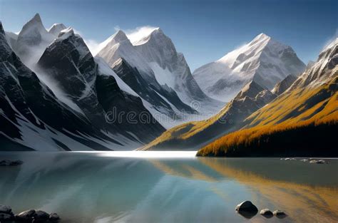 A Painting Of A Mountain Lake Surrounded By Snow Capped Mountains